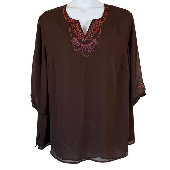 Maggic Barnes Tops - Maggie Barnes Boho Top Women's Size 3X Brown Embroidery Sheer Casual Peasant